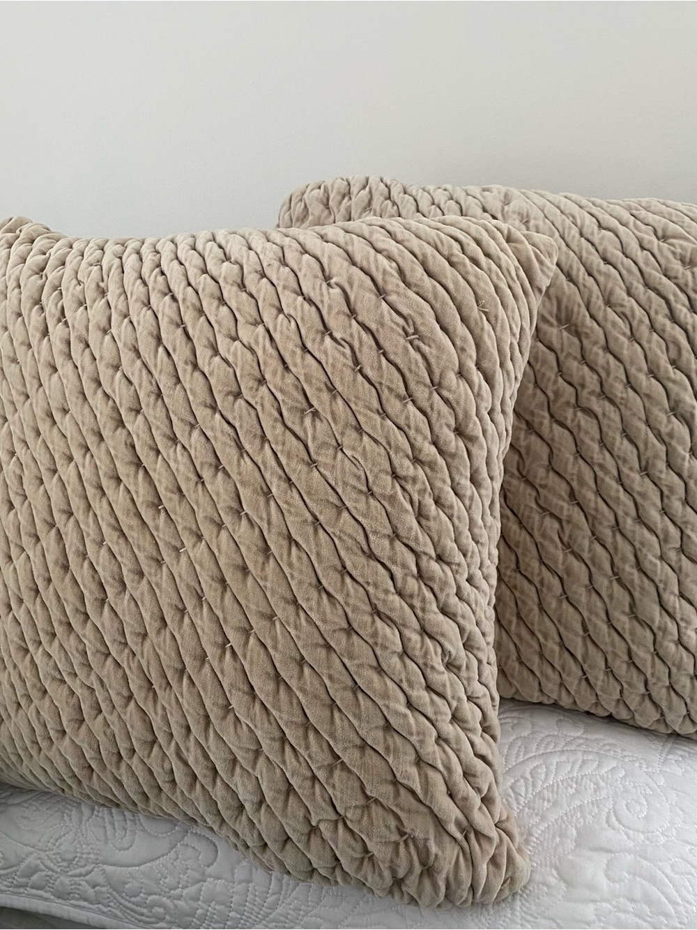 Anthropologie Kantha Stitched Washed Velvet 2 Pillow Covers (Only) Tan Khaki